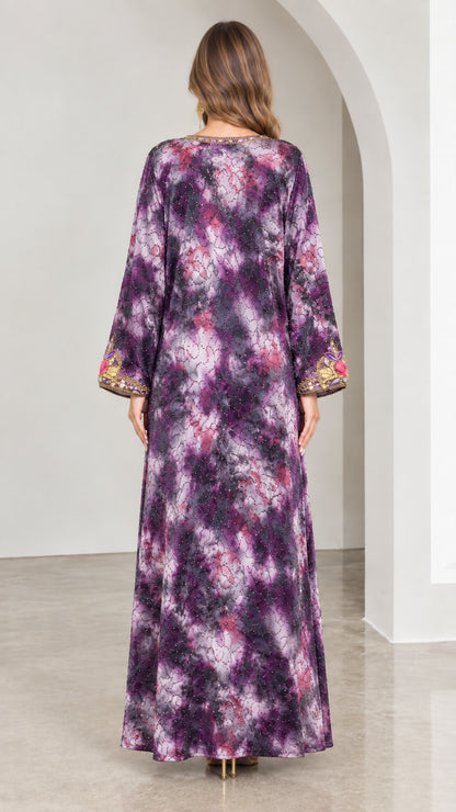 Back view of purple tie-dye long sleeve kaftan maxi dress