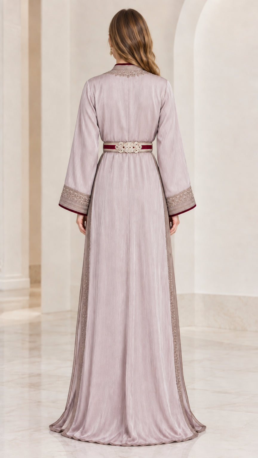 Back view of woman wearing elegant dusty lilac floor-length kaftan dress