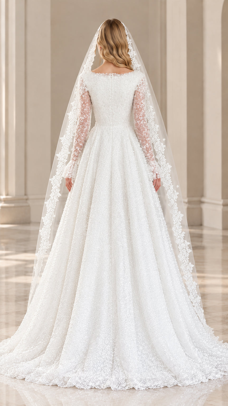 Back view of white sequin lace wedding gown showing train and veil