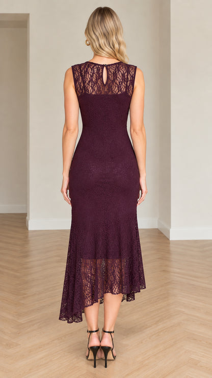 Back view of plum lace midi dress featuring back keyhole button detail