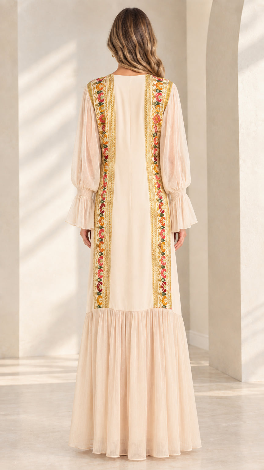 Back view of ivory long sleeve maxi dress with vertical decorative panels