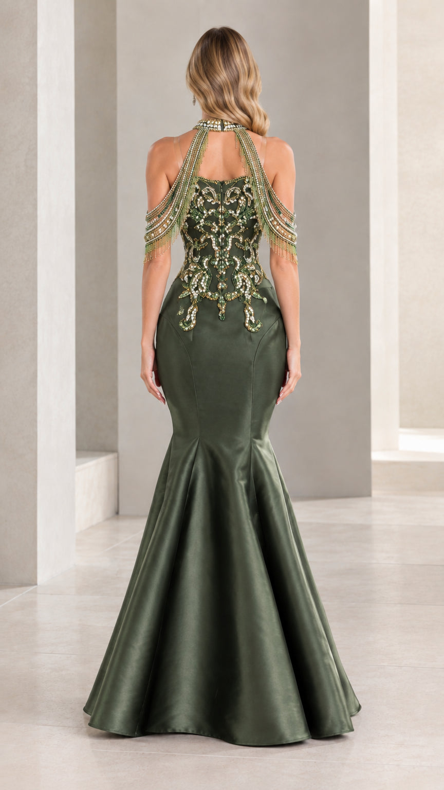 Back view of olive green halter evening gown with keyhole back
