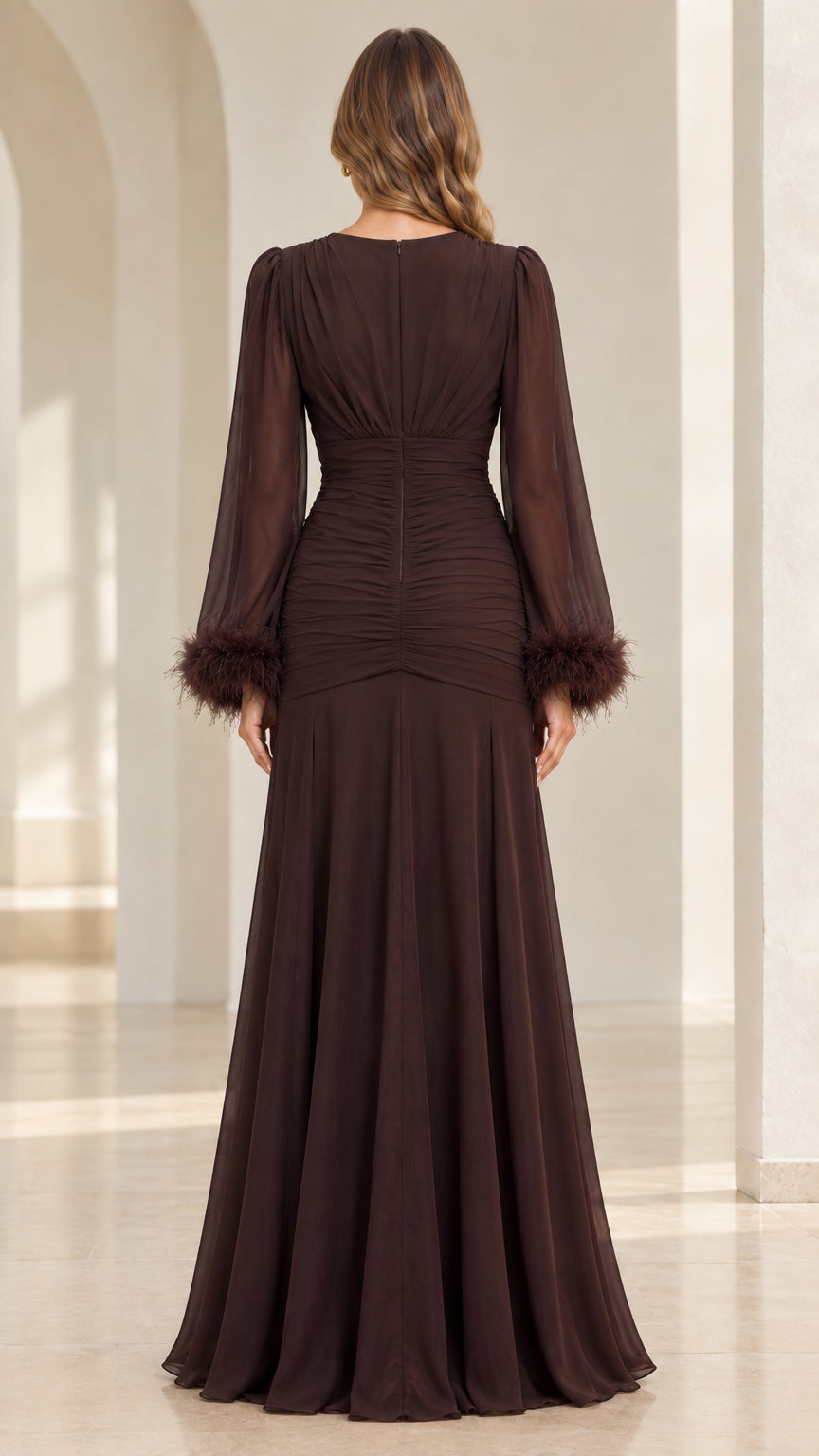 Back view of chocolate brown evening dress showing invisible zip closure and draped skirt