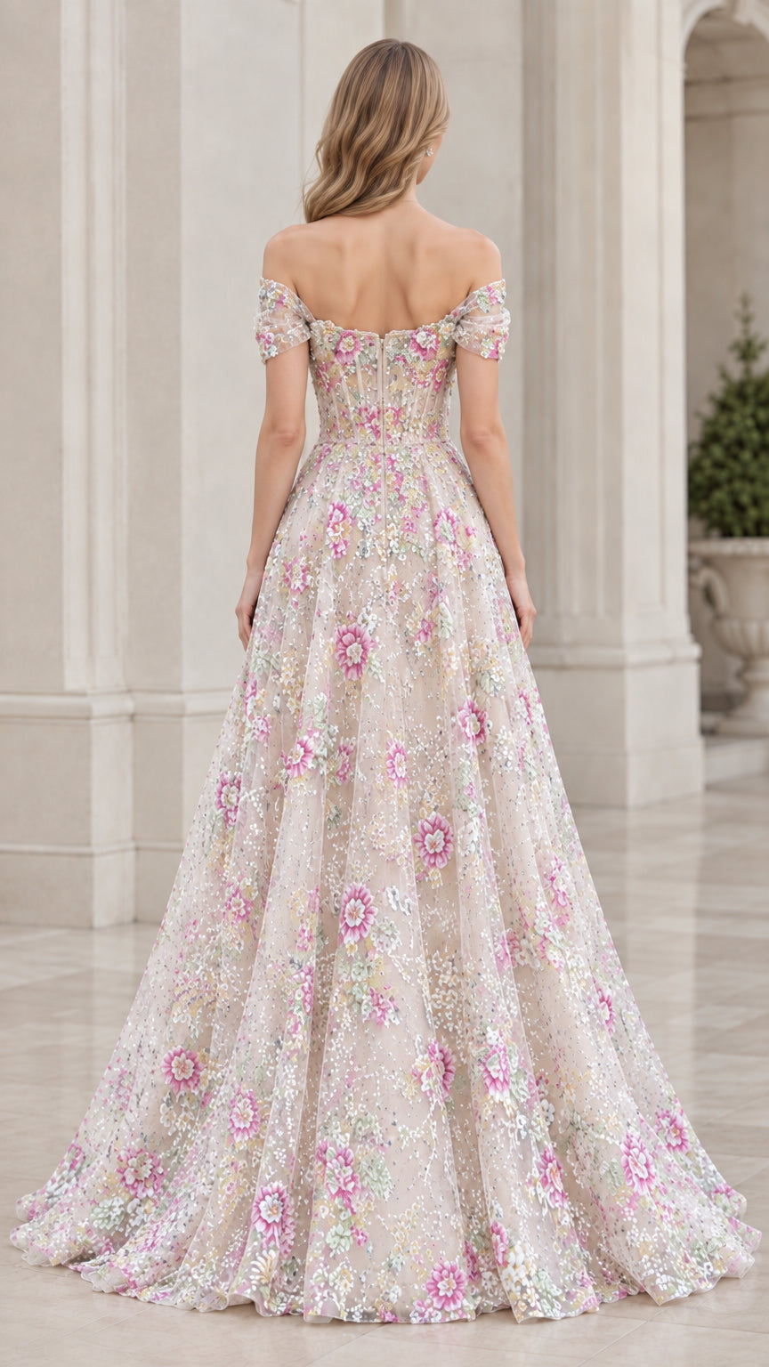 Back view of off-the-shoulder champagne floral embroidered formal dress