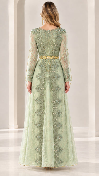 Back view of sage green sheer lace evening gown with detailed embroidery