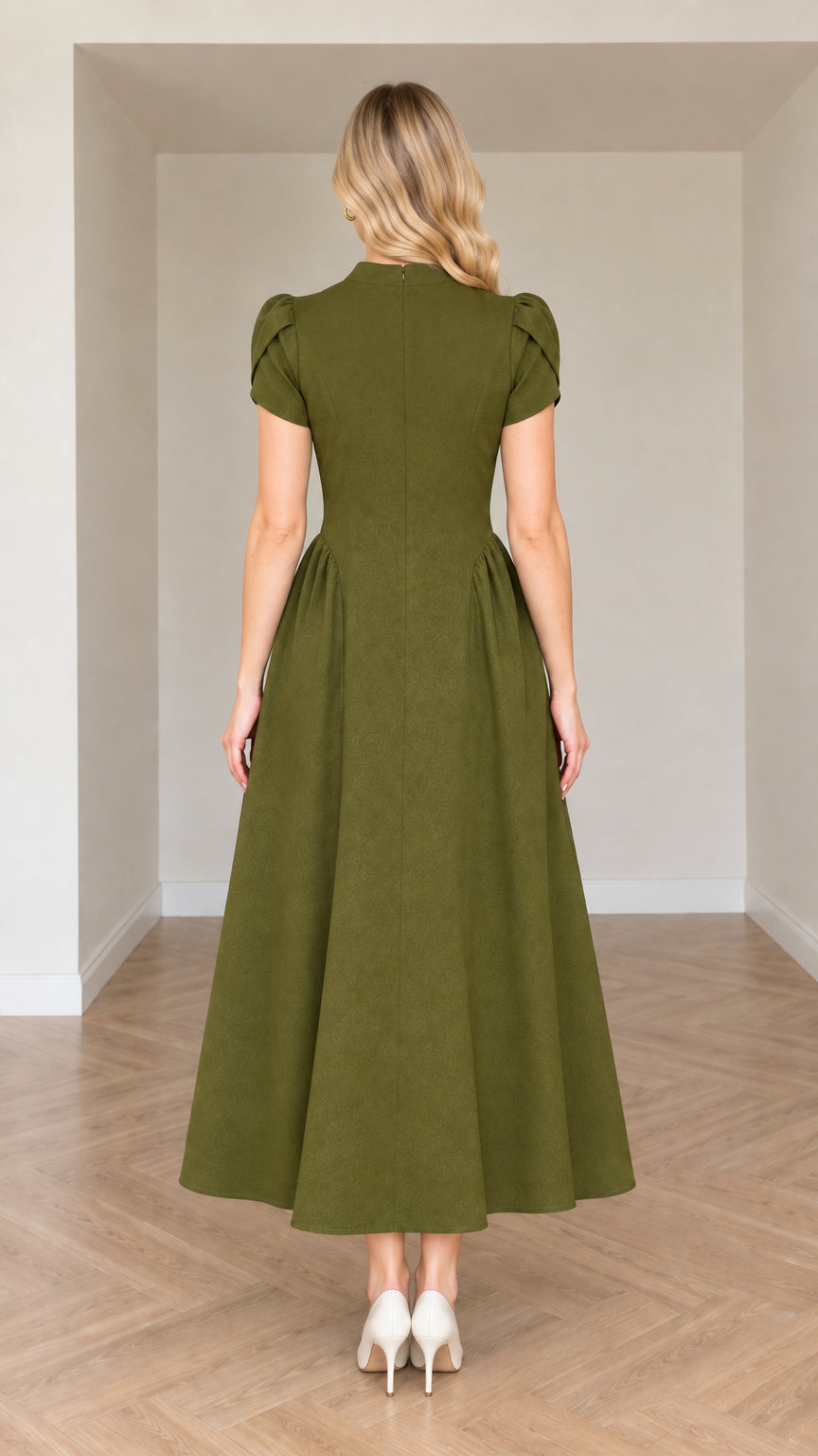 Back view of Olive Green midi dress highlighting clean tailored fit
