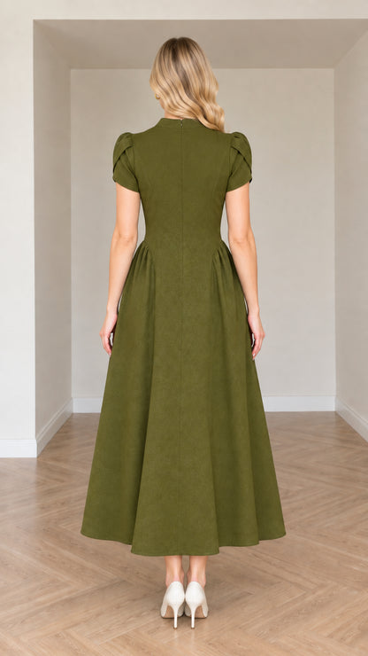Back view of Olive Green midi dress highlighting clean tailored fit