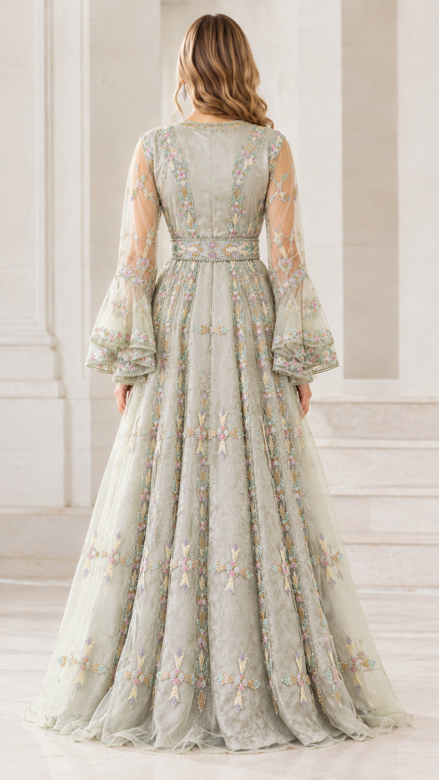 Back view of model in Sage Green floor-length embroidered evening kaftan