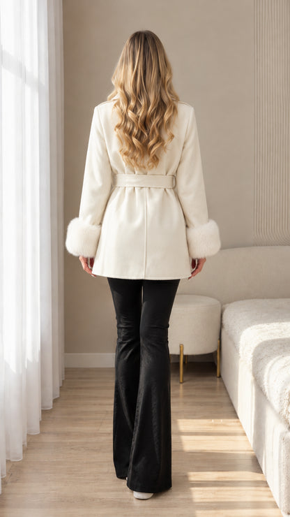 Back view of cream belted wrap coat
