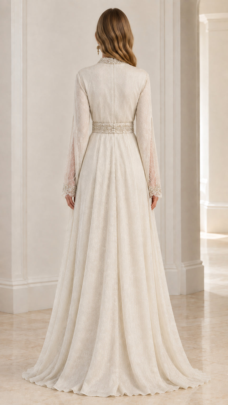 Back view of ivory long sleeve formal gown with flowing train skirt