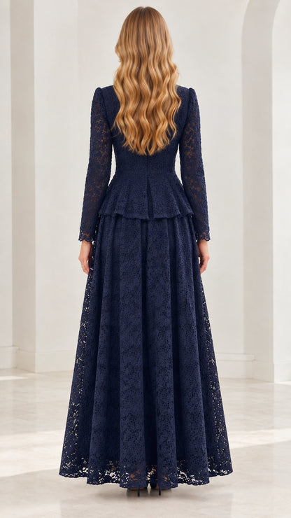 Back full-length view of navy blue floral lace peplum gown