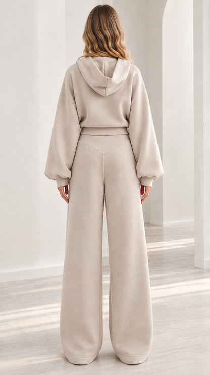 Back view of beige matching hoodie and wide leg pants set
