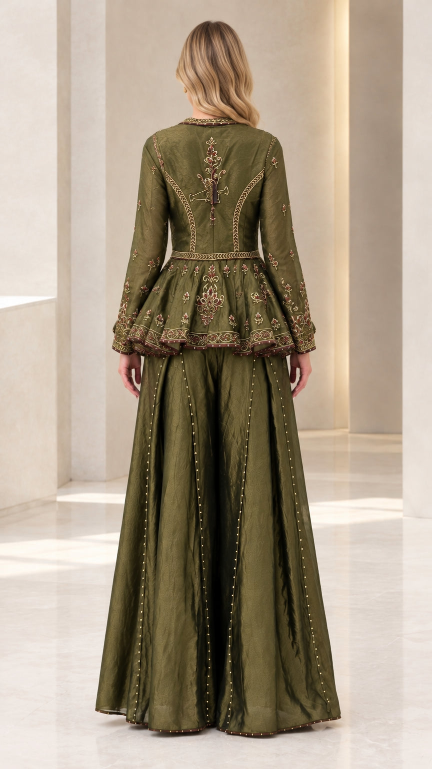 Back full-length view of olive green peplum jacket showing intricate waist and back embroidery