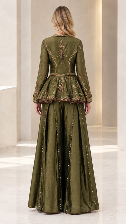 Back full-length view of olive green peplum jacket showing intricate waist and back embroidery
