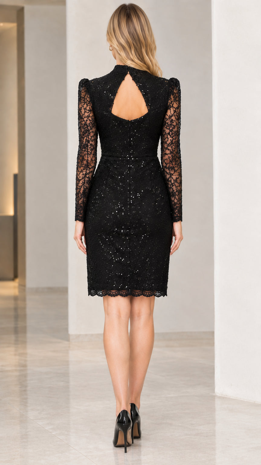 Back view of black sequin lace cocktail dress showing keyhole cutout back