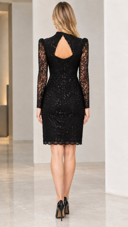 Back view of black sequin lace cocktail dress showing keyhole cutout back