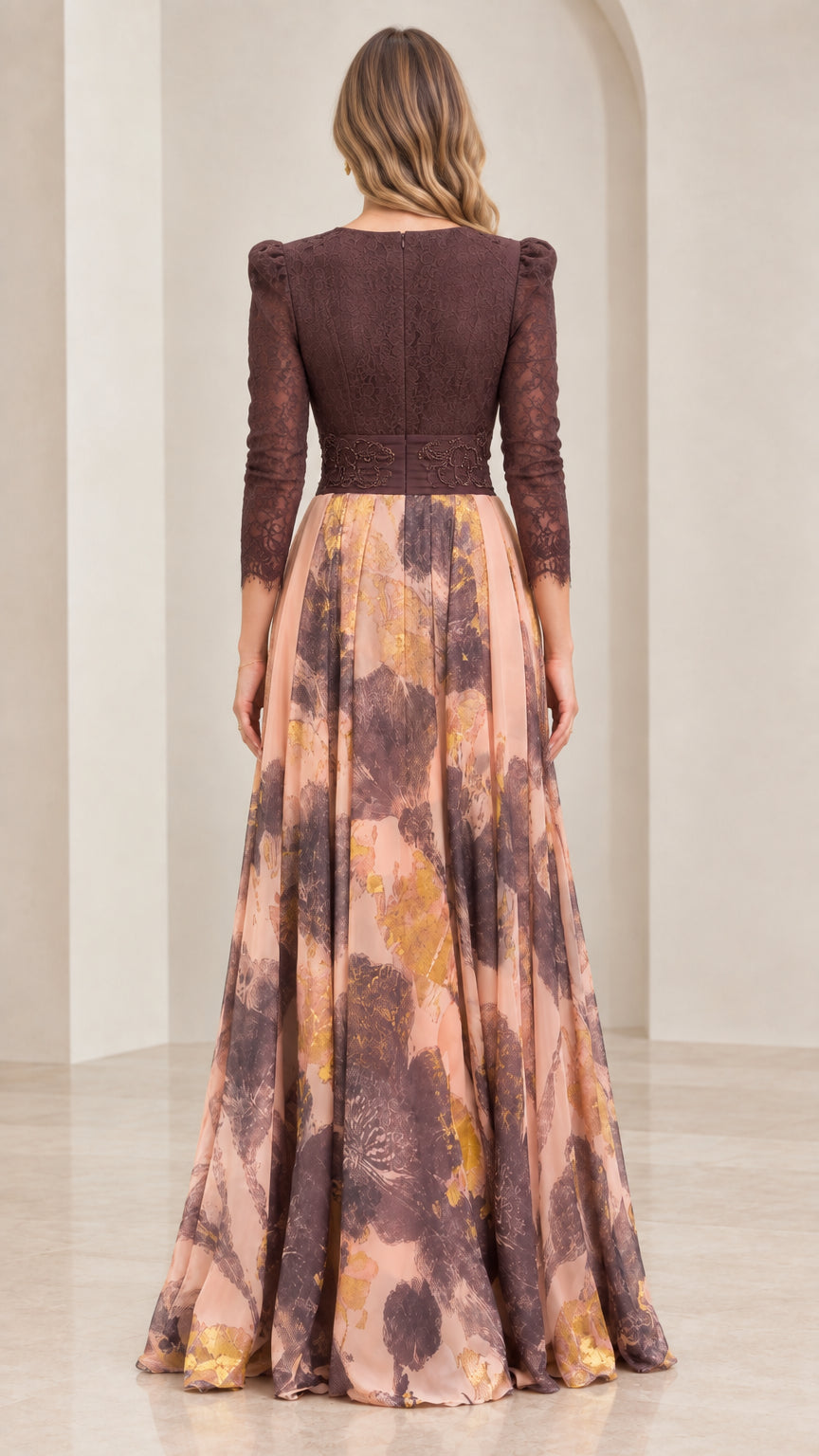 Back view of model wearing chocolate brown lace bodice A-line evening gown