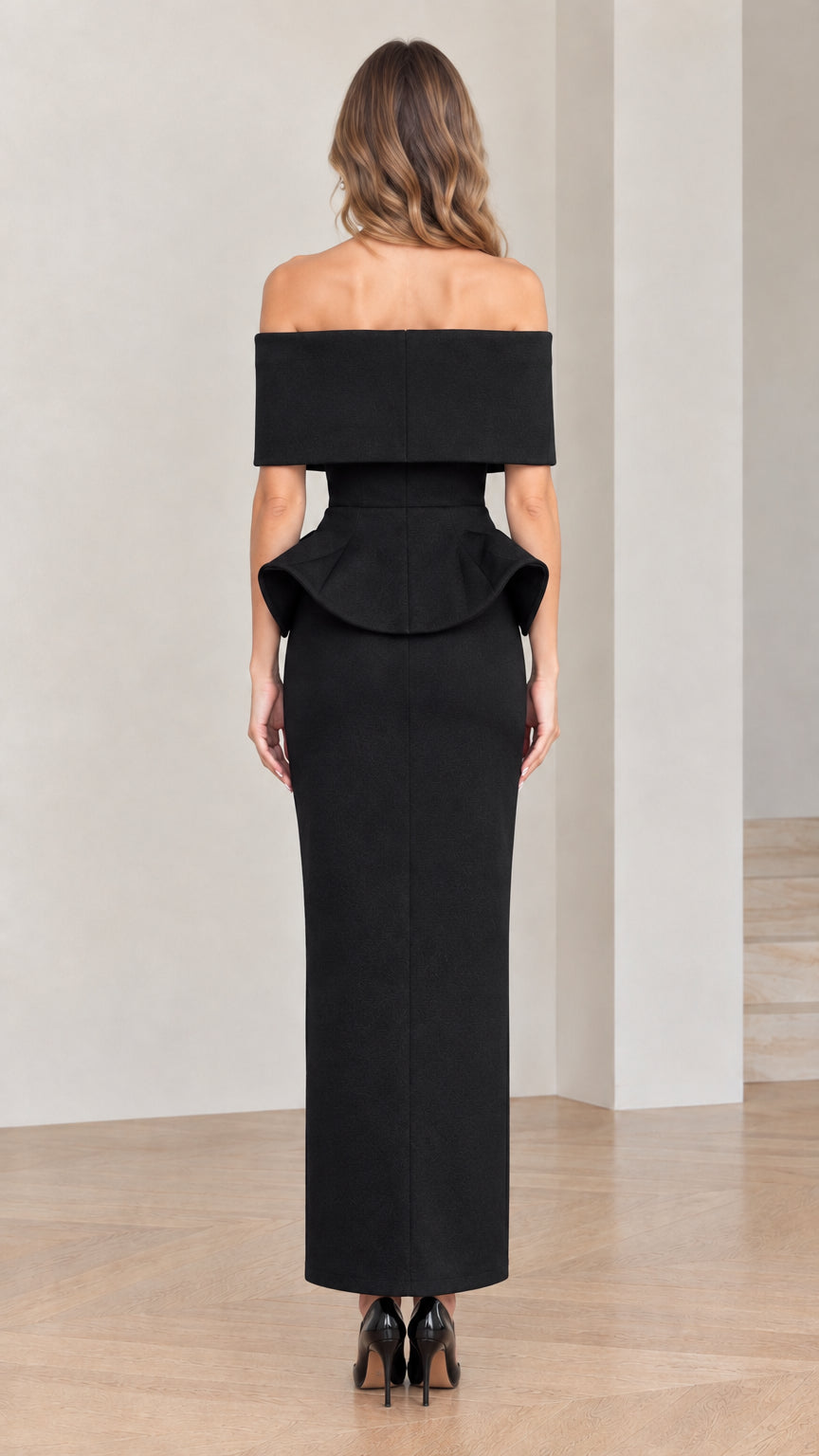 Back view of woman wearing black peplum formal dress