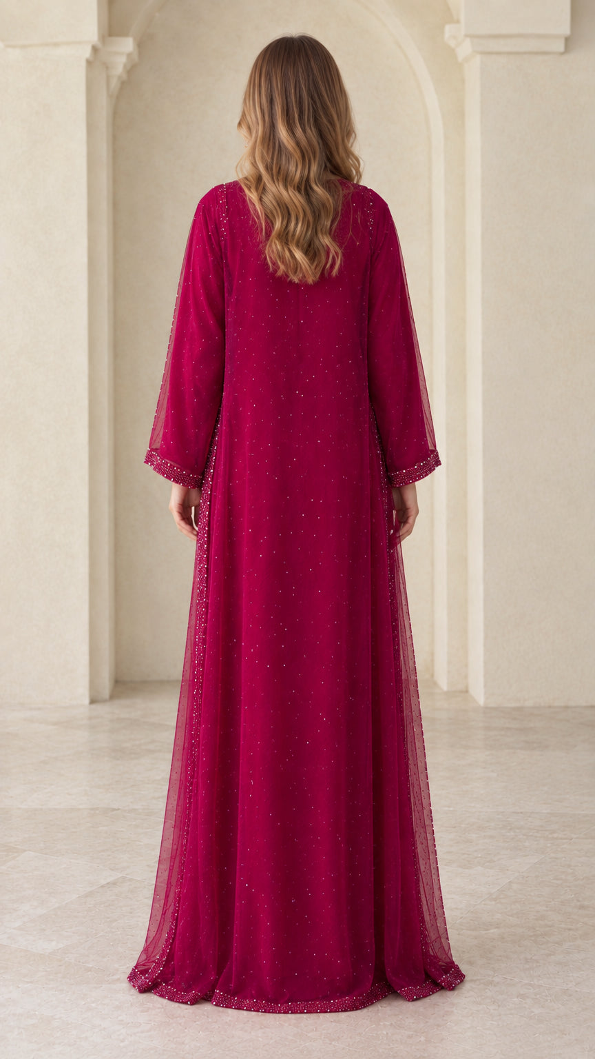 Back full-length view of berry sheer overlay formal maxi dress