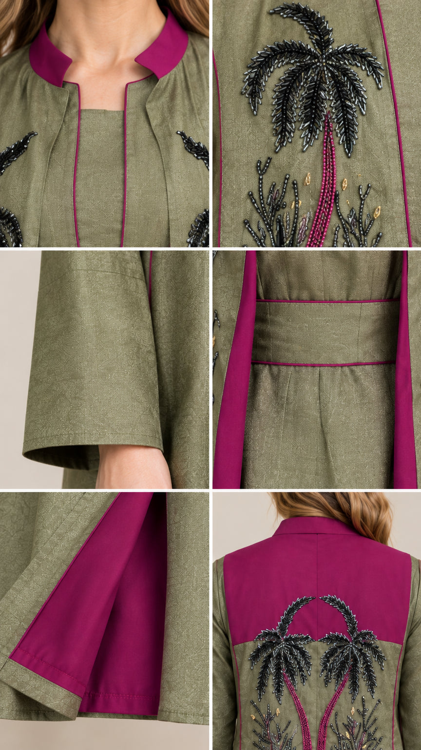 Close-up details of palm tree beaded embroidery, neckline trim, cuffs, and contrast lining
