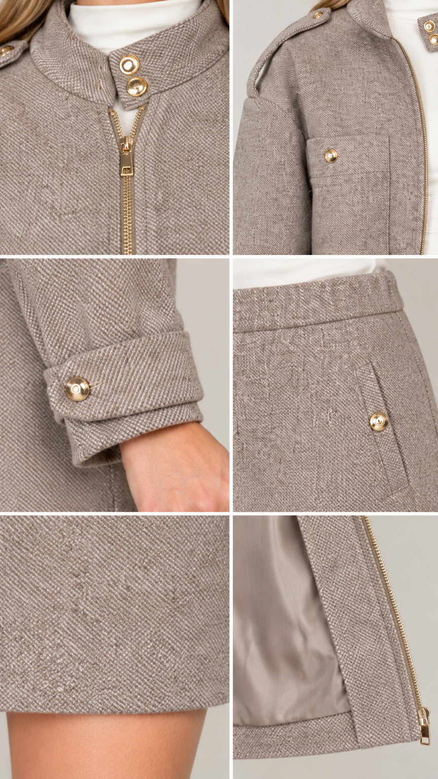Close-up details of gold zipper, buttoned collar tab, epaulets, cuffs, and skirt pocket