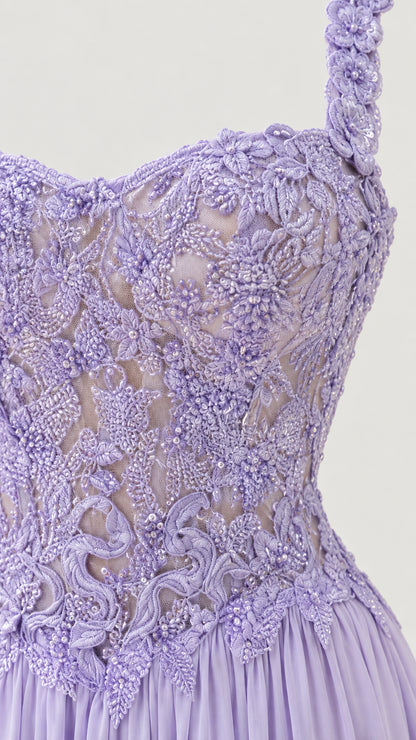 Close-up detail of textured floral lace and applique on corset bodice