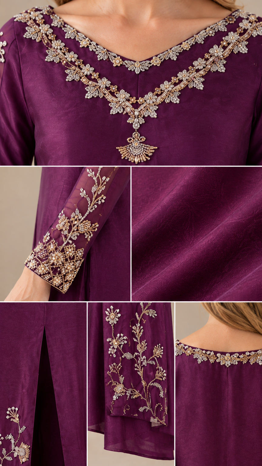 Close-up details of metallic embroidery on neckline, cuffs, and hem of plum tunic set
