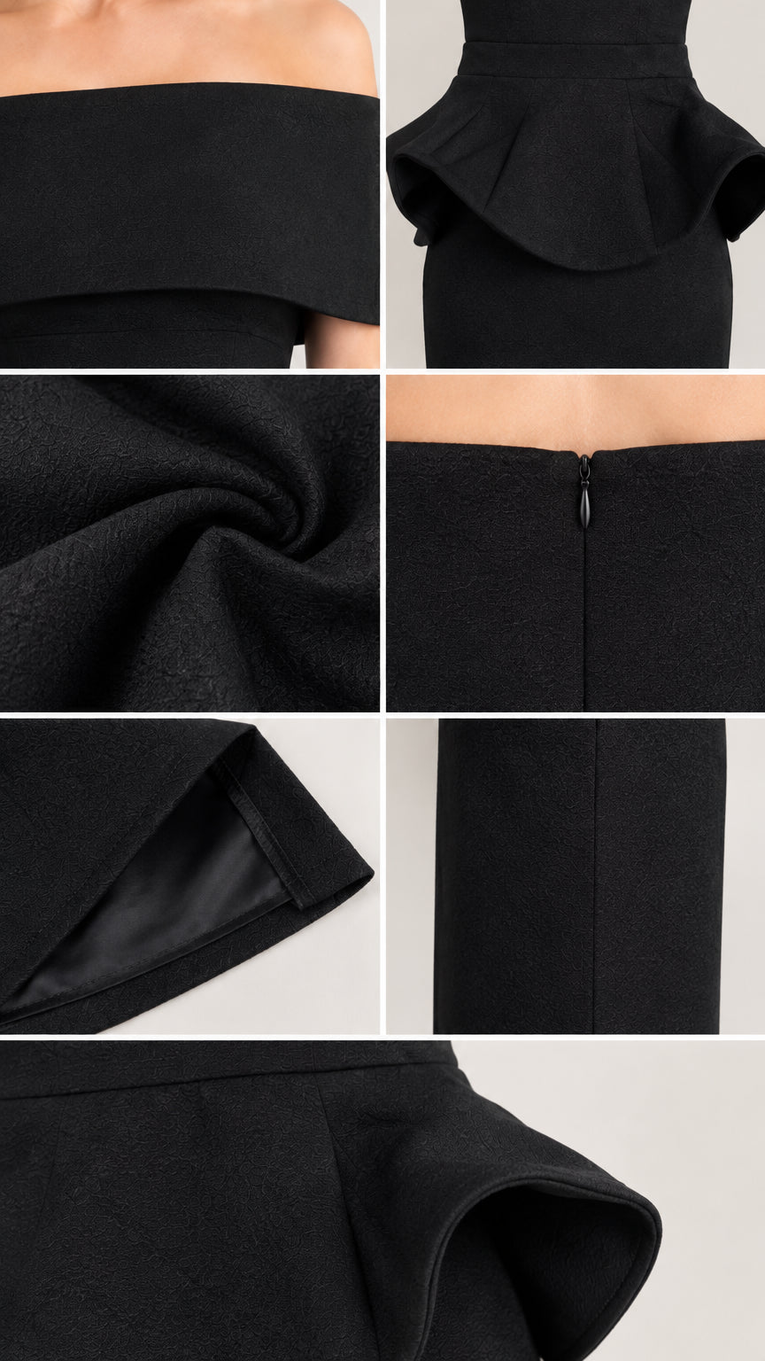 Close-up details of fabric, foldover neckline, peplum ruffle, and zipper