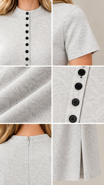 Detailed close-up collage of collar buttons, sleeve hem, textured knit fabric, and back neckline zipper