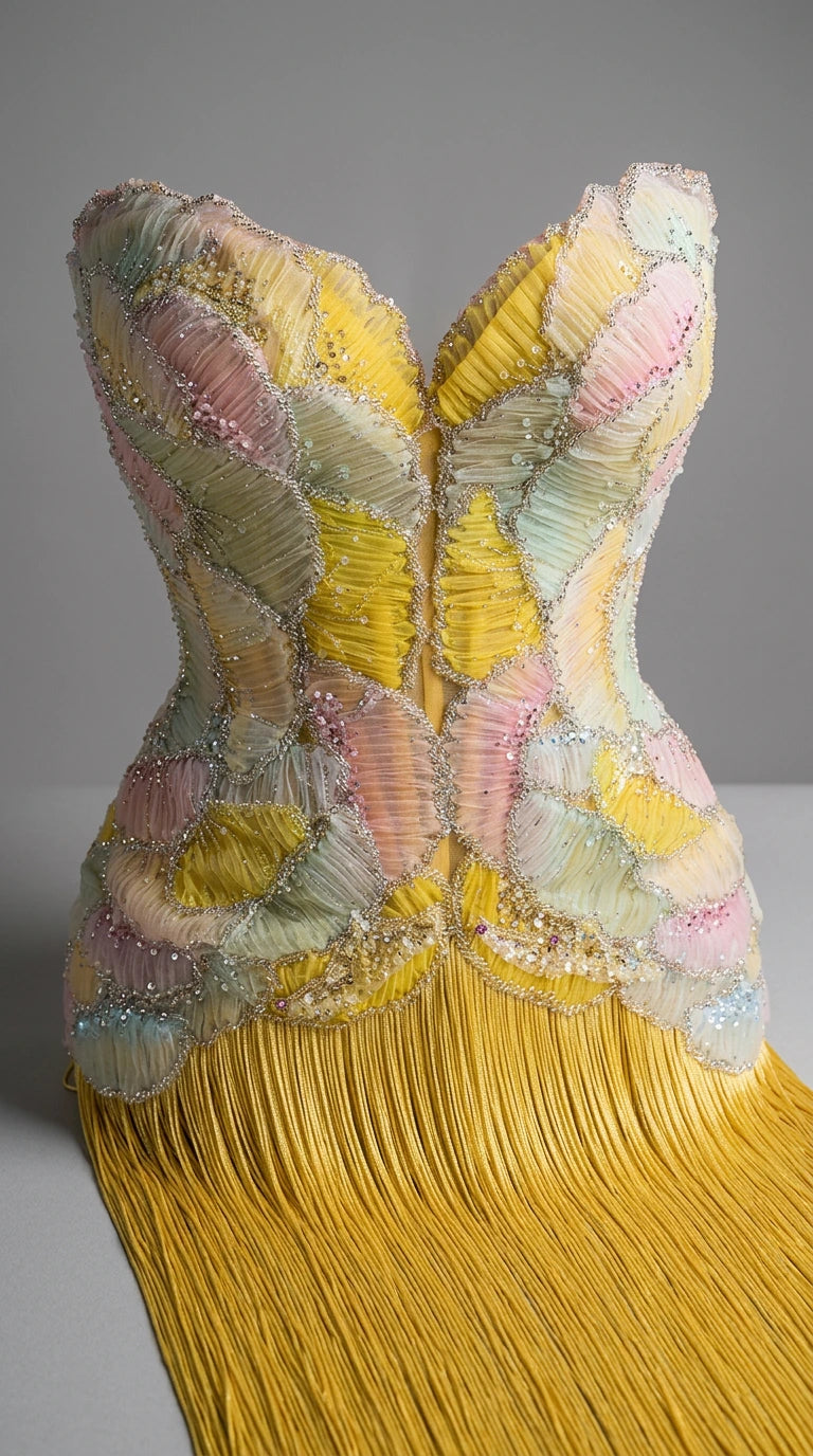 Close-up detail of the intricately beaded and embroidered corset bodice