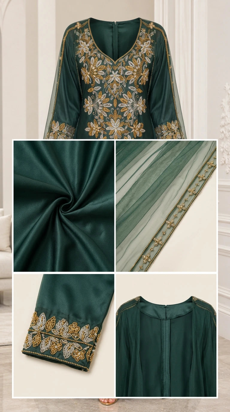 Detailed close-ups of metallic embroidery, satin fabric texture, and sleeve cuffs