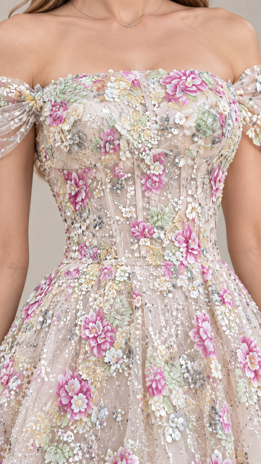 Close-up detail of corset boning and multi-colored sequin floral embroidery