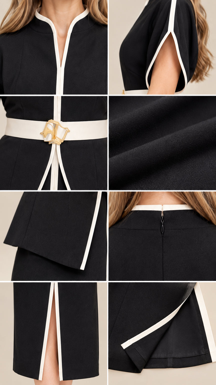 Detailed close-up collage of neckline, contrast piping, belt buckle, fabric weave, and skirt slit