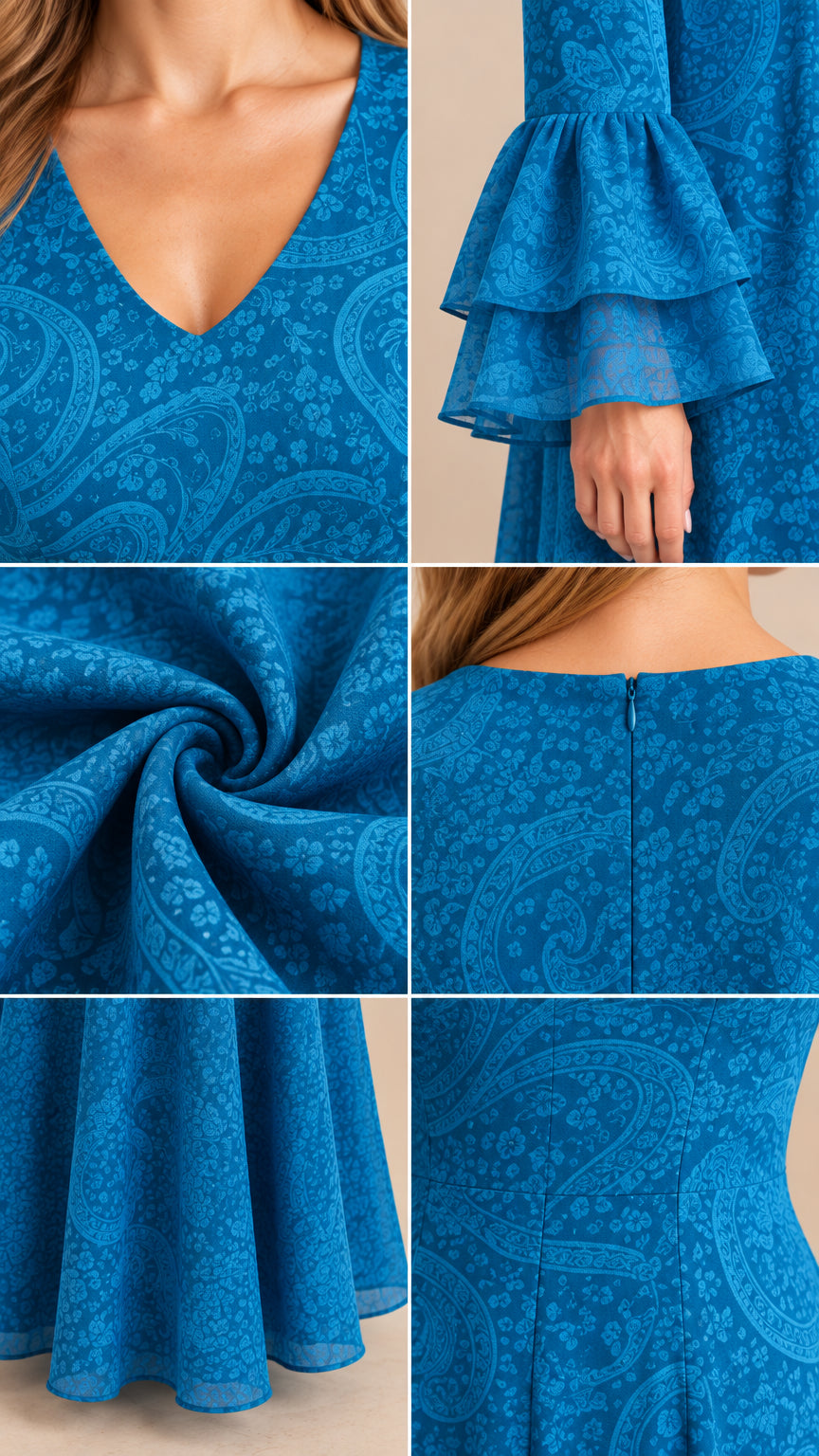 Close-up details of neckline, tiered bell sleeve cuffs, fabric texture, and back zipper