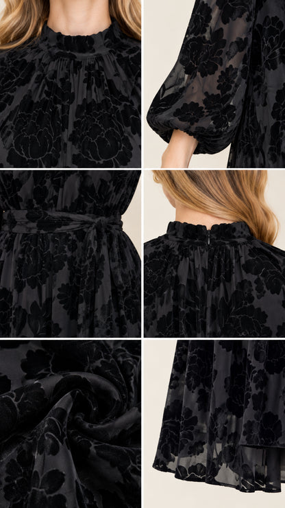 Close-up details of black velvet burnout texture, neckline, belt, and cuff