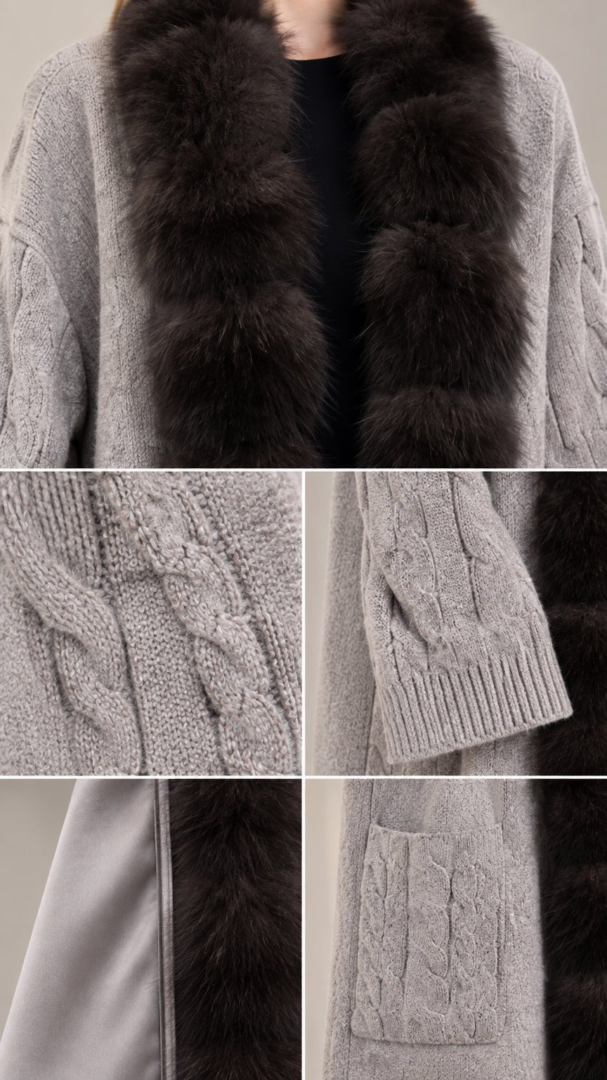 Close-up details of grey knit texture, cable knit sleeves, patch pocket, and faux fur trim