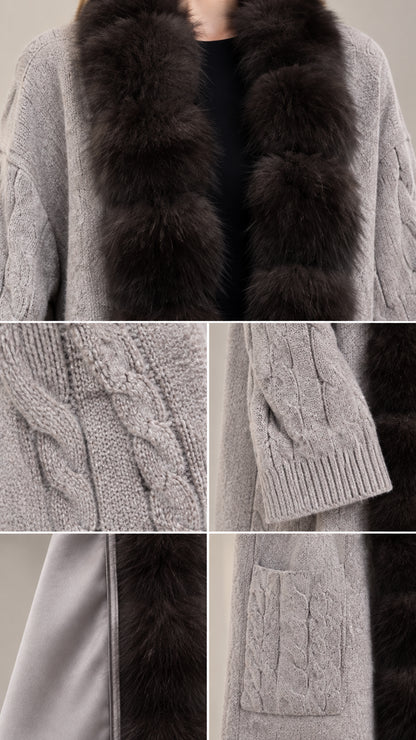Close-up details of grey knit texture, cable knit sleeves, patch pocket, and faux fur trim