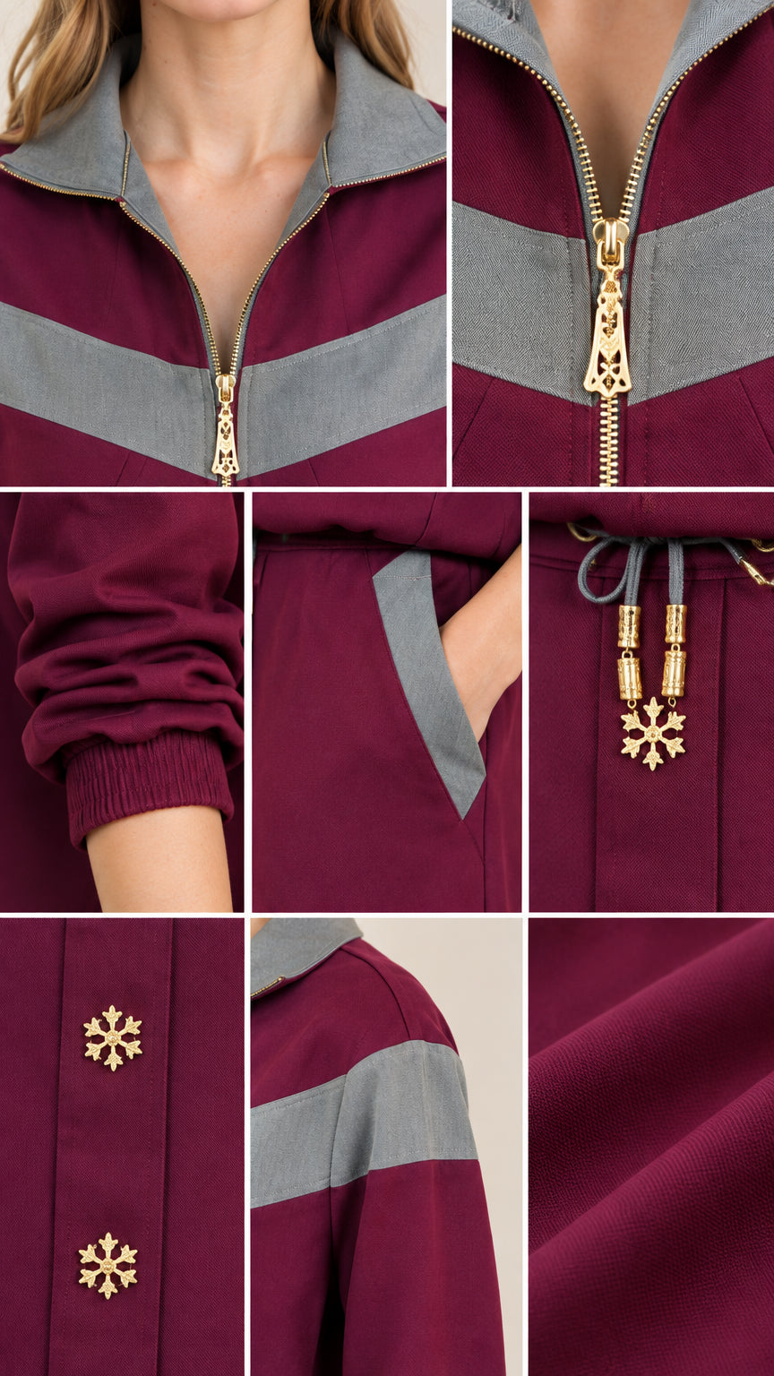 Close-up details of gold-tone zipper, pockets, snowflake accents, and fabric texture
