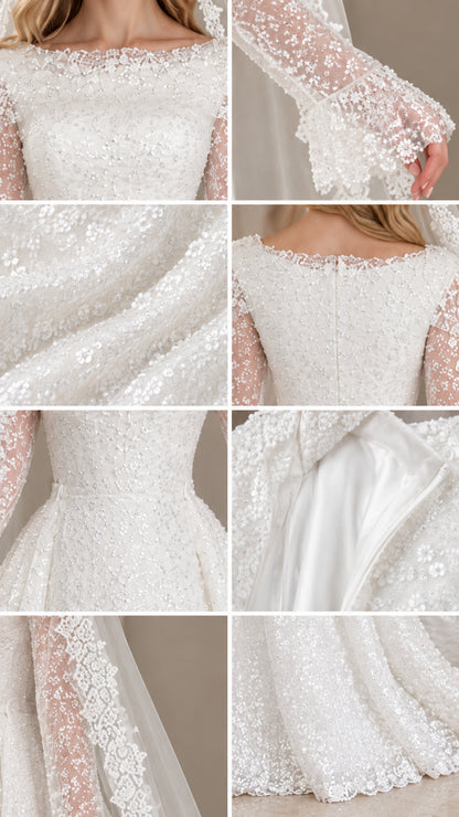 Detailed close-up collage of sequin lace fabric, bell cuffs, neckline, and lining