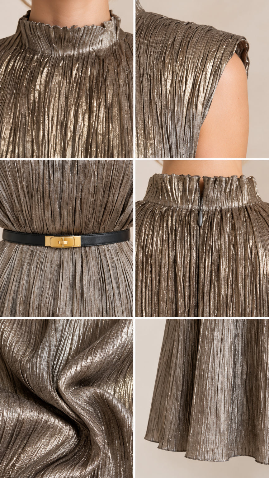 Close-up details of high neck, belt buckle, textured plissé fabric, and hem