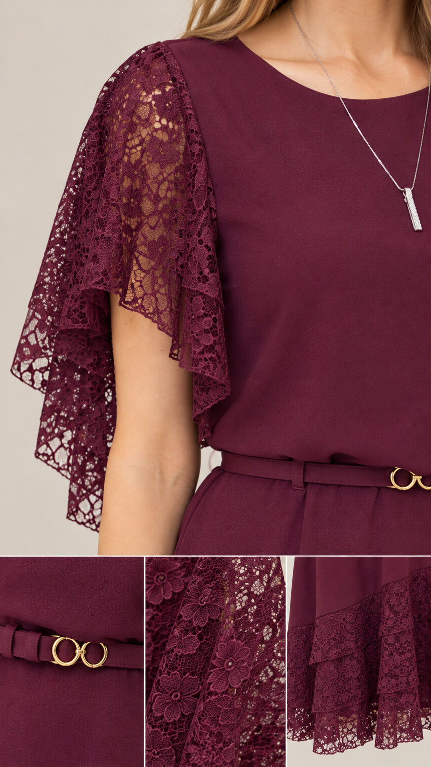 Close-up details of burgundy sheer floral lace sleeve, waist belt buckle, and hem