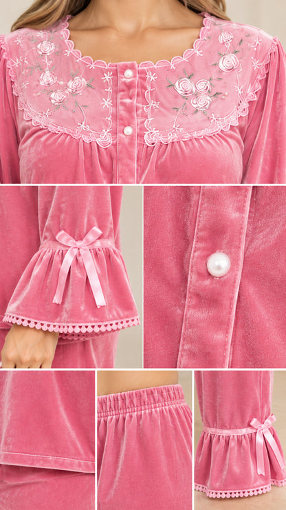 Close-up details of floral embroidery neckline, pearl buttons, and ruffle ribbon bow cuffs
