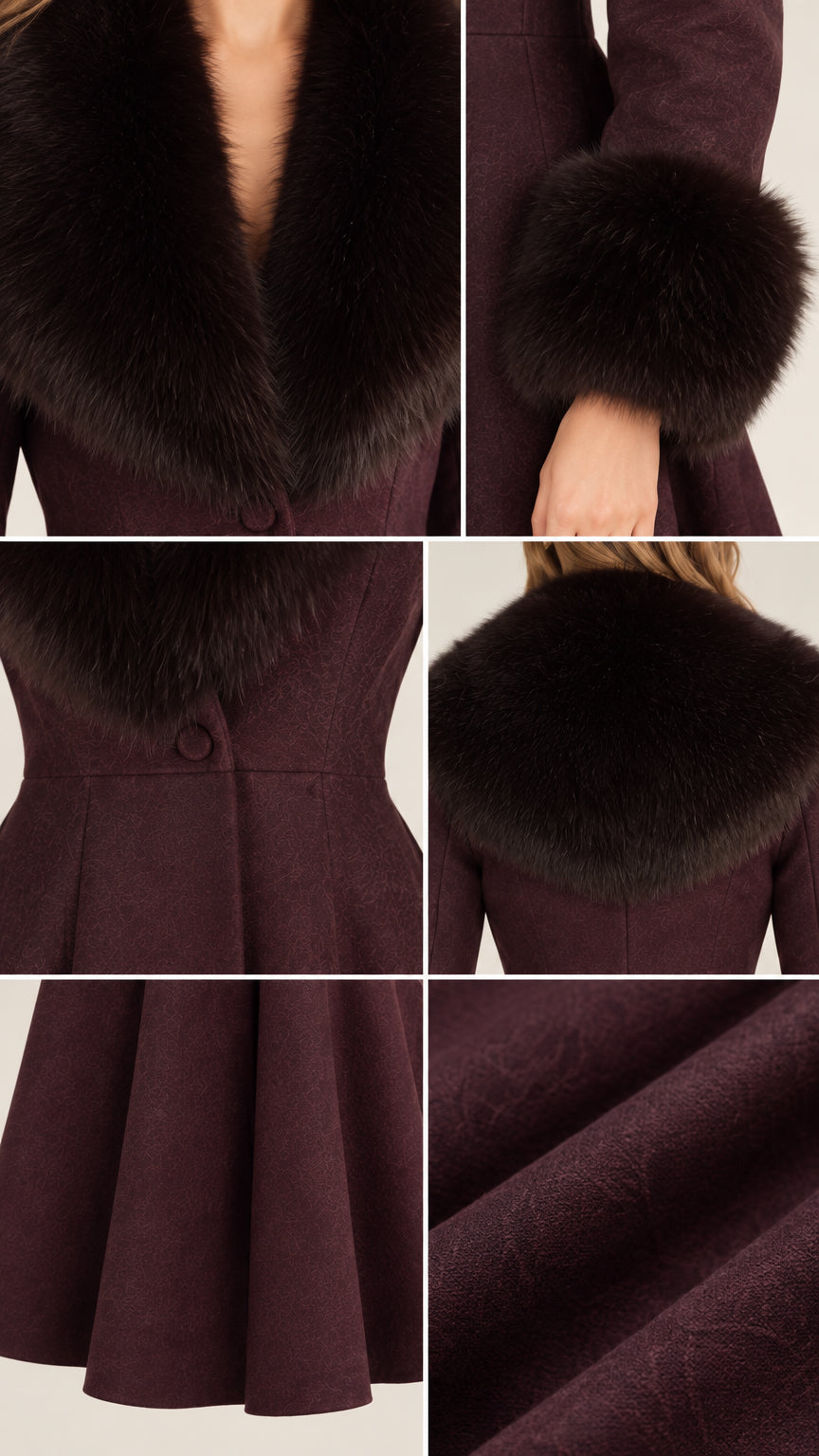 Close-up details of faux fur collar, wrist cuffs, waist seam, and textured fabric