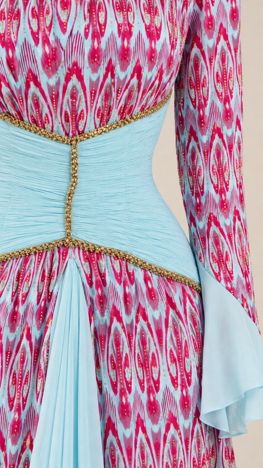 Close-up of beaded waist embellishment and bell sleeve detail on fuchsia and blue dress
