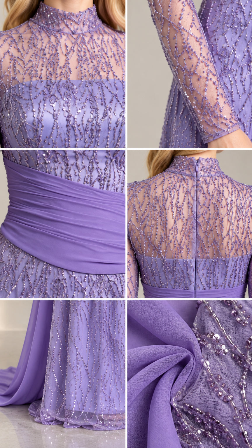 Detailed close-up views of beading, neckline, sheer sleeves, and ruched waistband
