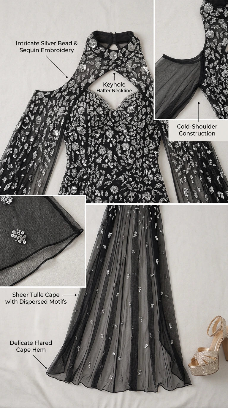 Close-up detail of keyhole halter neckline, sequin embroidery, and sheer cape hem