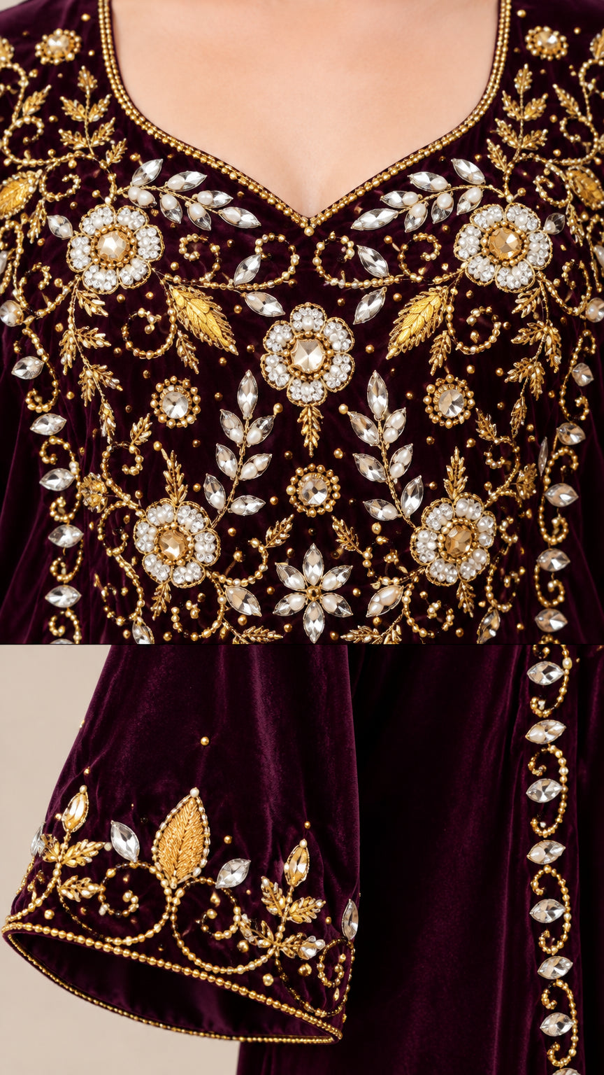 Close-up detail of ornate floral beading and gold embroidery on neckline and cuff