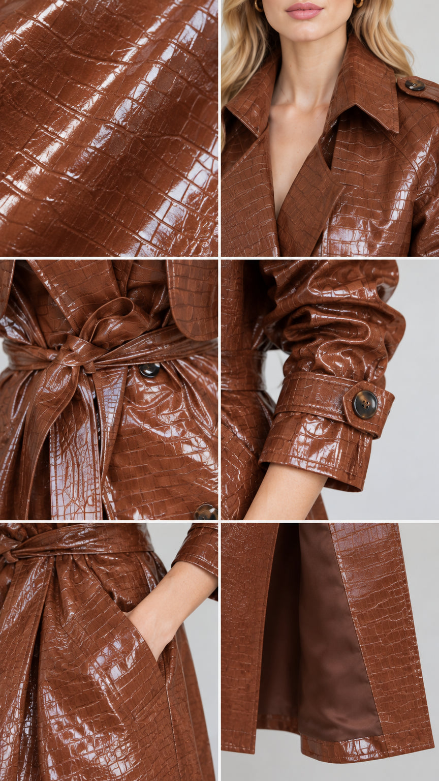 Detailed close-ups of croc-embossed faux leather texture, lapels, belt, cuffs, and lining