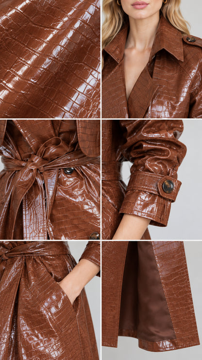 Detailed close-ups of croc-embossed faux leather texture, lapels, belt, cuffs, and lining