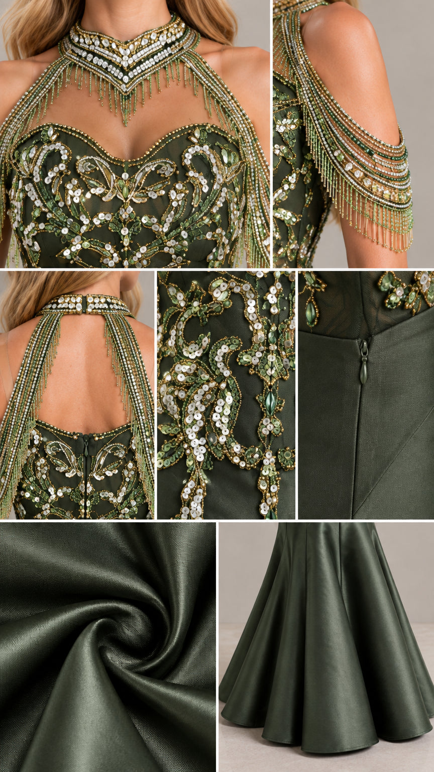 Close-up details of beaded halter neck, shoulder tassels, and satin fabric
